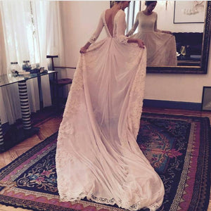 Long Sleeves Open Back Chiffon Wedding Dresses Lace Appliques 2017