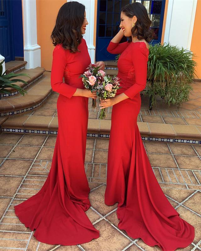 Red-Bridesmaid-Dresses-3/4-Sleeves-Mermaid-Evening-Gowns