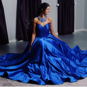 Ruched Sweetheart Royal Blue Satin Prom Dresses Ball Gowns