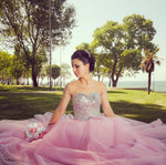 Load image into Gallery viewer, Illusion Long Sleeves Pink Tulle Wedding Dresses Crystal Beaded
