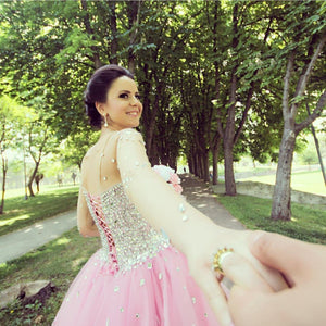 Illusion Long Sleeves Pink Tulle Wedding Dresses Crystal Beaded