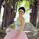Load image into Gallery viewer, Illusion Long Sleeves Pink Tulle Wedding Dresses Crystal Beaded

