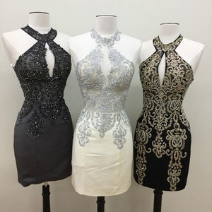 Short Halter Prom Homecoming Dresses Embroidery Beaded
