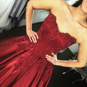 Lace Appliques Long Satin Burgundy Wedding Dresses Ball Gowns