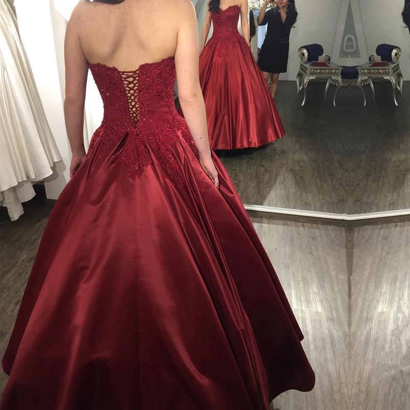 Lace Appliques Long Satin Burgundy Wedding Dresses Ball Gowns
