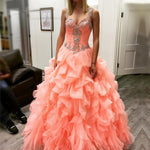 Load image into Gallery viewer, coral organza ruffles beaded sweetheart quinceanera dresses ball gowns
