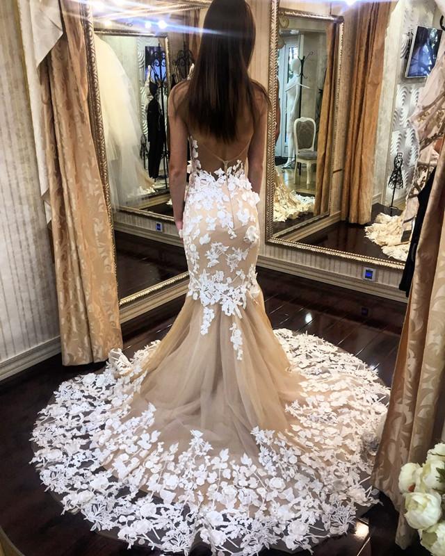 Champagne-Mermaid-Wedding-Dresses-Lace-Open-Back-Bridal-Gowns
