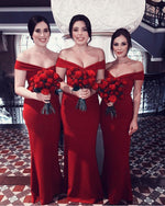 Load image into Gallery viewer, Long-Red-Bridesmaid-Dresses-V-neck-Off-Shoulder-Party-Dress
