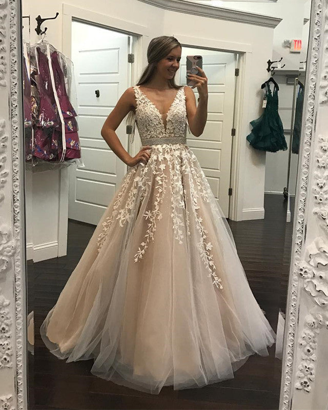 Champagne Lace Embroidery Tulle V-neck Floor Length Prom Dresses