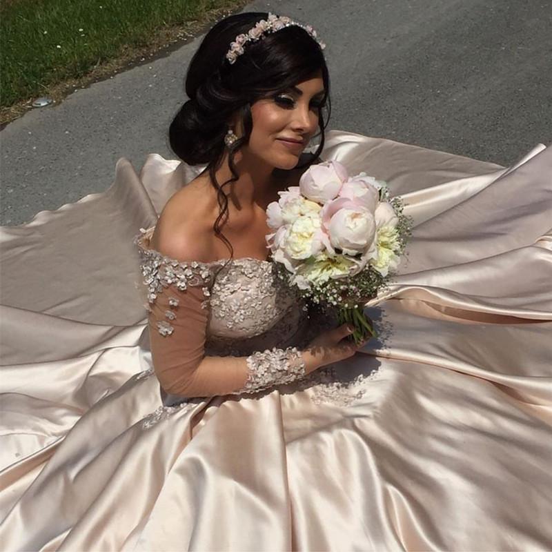 champagne satin long sleeves ball gowns prom dresses