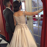 Load image into Gallery viewer, champagne satin long sleeves ball gowns prom dresses
