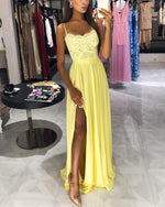 Cargar imagen en el visor de la galería, Yellow-Prom-Dresses-Long-Chiffon-Evening-Gowns-Lace-Appliques
