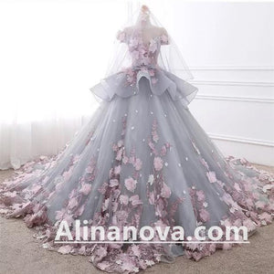 Floral Lace Wedding Dresses Ball Gowns With 3D Flowers