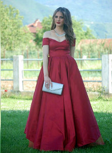 A-line V-neck Off The Shoulder Long Satin Plus Size Prom Dresses