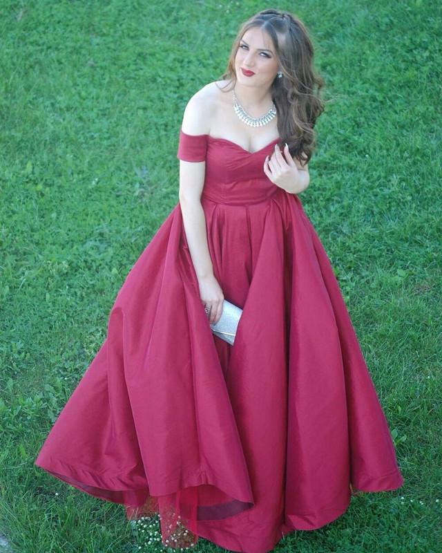 A-line V-neck Off The Shoulder Long Satin Plus Size Prom Dresses