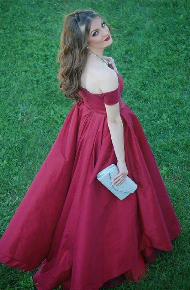 A-line V-neck Off The Shoulder Long Satin Plus Size Prom Dresses