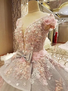 Luxurious Royal Train Lace Wedding Dresses Ball Gowns With Floral Flowers