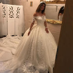 Load image into Gallery viewer, Lace Long Sleeves Open Back Wedding Dresses Ball Gowns Off Shoulder
