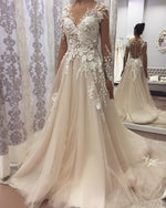 Load image into Gallery viewer, Illusion Long Sleeves Champagne Tulle Wedding Dresses With Lace Flowers Beaded
