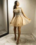 Cargar imagen en el visor de la galería, Champagne-Homecoming-Dresses-Lace-Appliques-Prom-Gowns-Short
