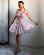 Load image into Gallery viewer, Chic Lace Appliques V-neck Ruffles Homecoming Dresses Short Party Gowns

