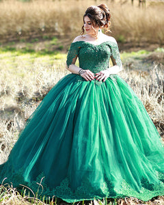 Lace Off The Shoulder Tulle Ball Gown Wedding Dresses Green