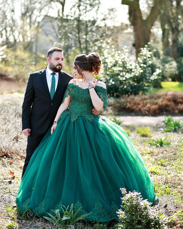 Lace Off The Shoulder Tulle Ball Gown Wedding Dresses Green