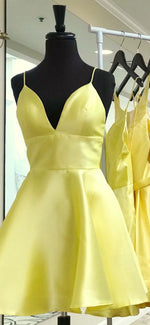 Cargar imagen en el visor de la galería, Short-Mini-Cocktail-Dresses-Satin-Yellow-Prom-Dress
