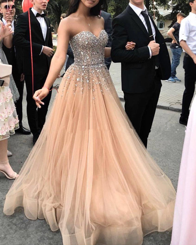 Sparkly Sequin Beaded Sweetheart Organza Ruffles Prom Ballgown Dresses