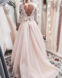 Modest 3/4 lace Sleeves Bow Back Tulle Princess Wedding Dresses 2018
