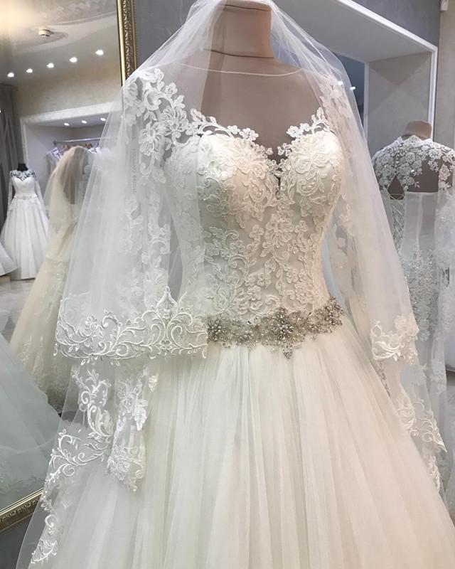 A-line Crystal Beaded Sashes Lace Appliques Long Sleeves Tulle Wedding Dresses