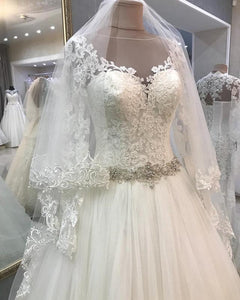 A-line Crystal Beaded Sashes Lace Appliques Long Sleeves Tulle Wedding Dresses