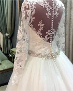 Load image into Gallery viewer, A-line Crystal Beaded Sashes Lace Appliques Long Sleeves Tulle Wedding Dresses

