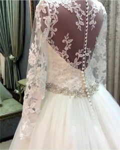 A-line Crystal Beaded Sashes Lace Appliques Long Sleeves Tulle Wedding Dresses