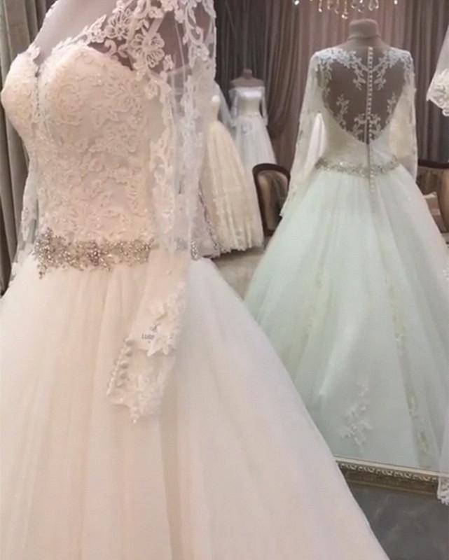 A-line Crystal Beaded Sashes Lace Appliques Long Sleeves Tulle Wedding Dresses