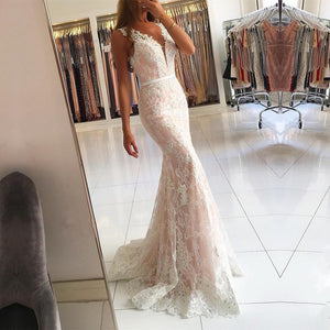 Blush Tulle V Neck Mermaid Prom Dresses Ivory Lace Appliques