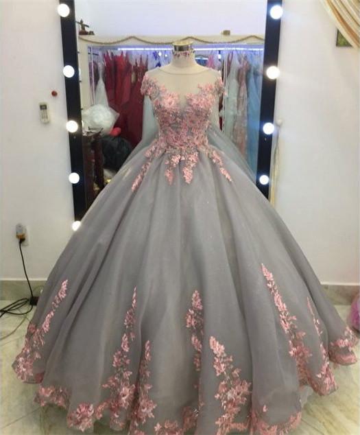 Pink Floral Lace Appliques Gray Tulle Ball Gowns Wedding Dresses 2017