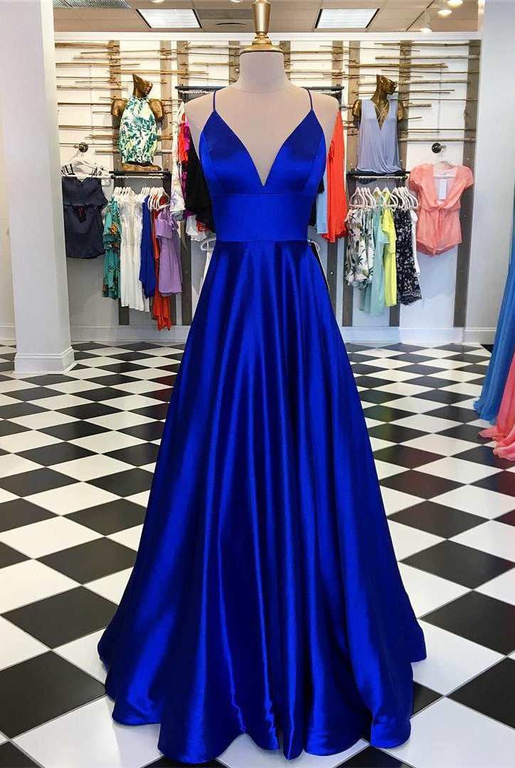 Plunge V-neck Empire Satin Prom Dresses Long