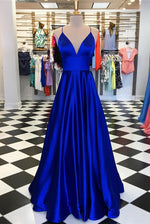 Load image into Gallery viewer, Plunge V-neck Empire Satin Prom Dresses Long
