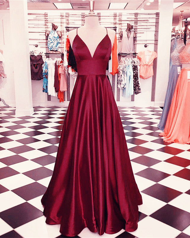 Plunge V-neck Empire Satin Prom Dresses Long