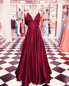 Plunge V-neck Empire Satin Prom Dresses Long