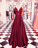 Cargar imagen en el visor de la galería, Spaghetti Straps V-neck Long Satin Prom Dresses Floor Length Evening Gowns
