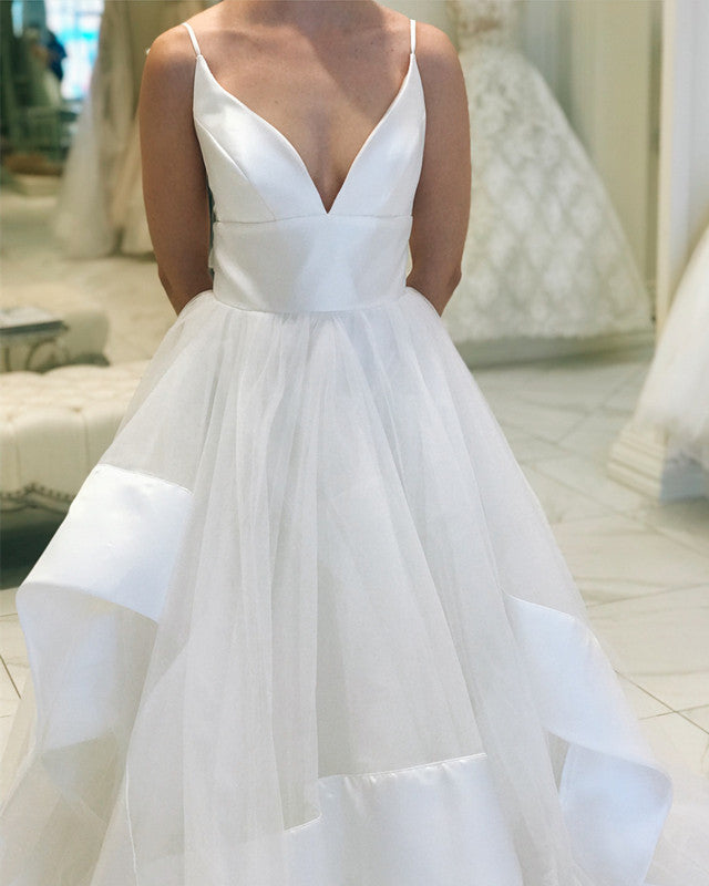 A-line Plunge V-neckline Organza Layered Floor Length Wedding Dresses 2018