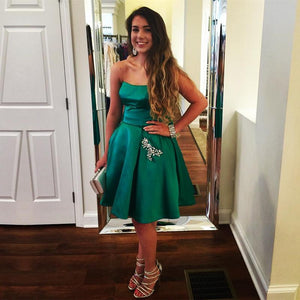 Short Green Satin Strapless Homecoming Dresses With Jewelry Pocket