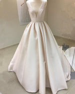 Afbeelding in Gallery-weergave laden, Simple-Satin-Wedding-Gowns-Puffy-Bridal-Dress-V-neck
