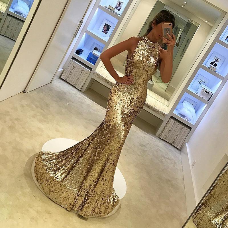 Silver Sequins Halter Long Mermaid Evening Gowns 2019