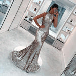 Load image into Gallery viewer, Silver Sequins Halter Long Mermaid Evening Gowns 2019
