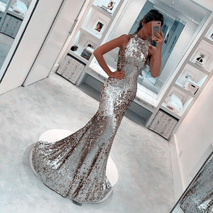 Silver Sequins Halter Long Mermaid Evening Gowns 2019