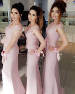 Cargar imagen en el visor de la galería, Pale-Pink-Bridesmaid-Dresses-Long-Jersey-Mermai-Gowns-With-Sleeves

