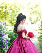 Load image into Gallery viewer, Burgundy-Wedding-Dresses-Ball-Gowns-Lace-Embroidery-V-neck-Off-The-Shoulder
